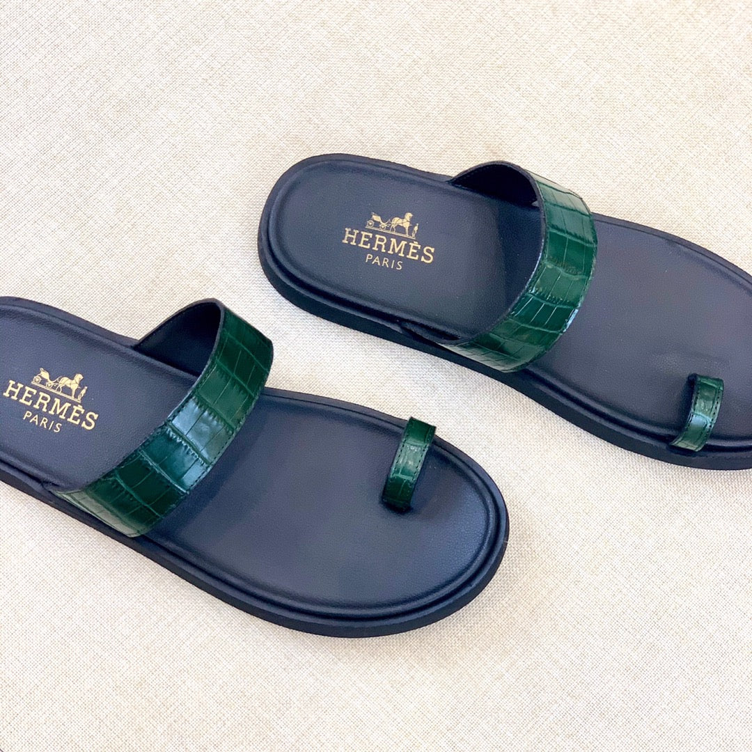 HM Men's Open-toe Sandals Green Rubber Sheepskin 561658