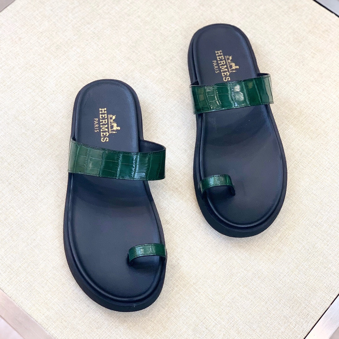 HM Men's Open-toe Sandals Green Rubber Sheepskin 561658