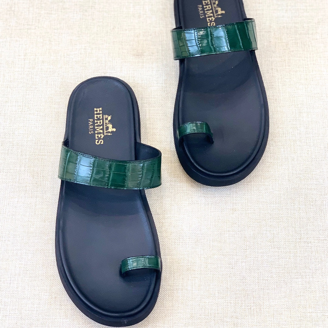 HM Men's Open-toe Sandals Green Rubber Sheepskin 561658