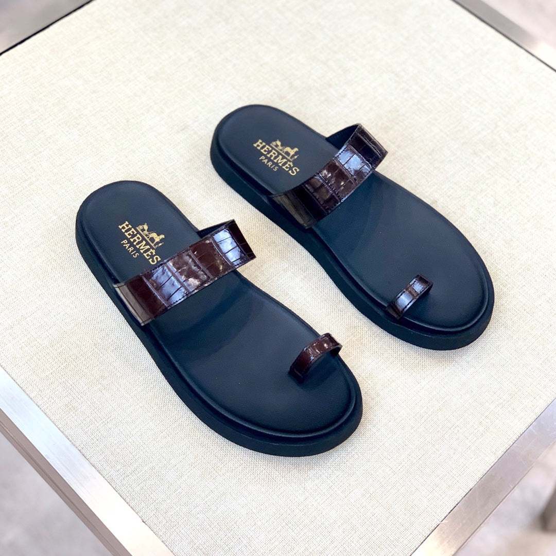 HM Men's Open-toe Sandals Brown Rubber  Sheepskin 561659