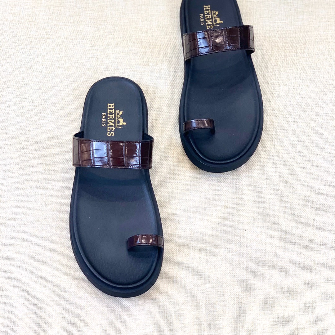 HM Men's Open-toe Sandals Brown Rubber  Sheepskin 561659