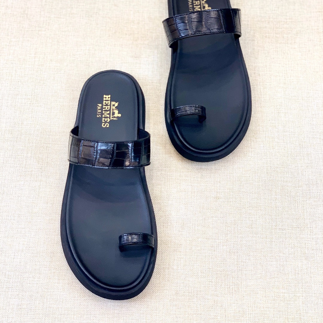 HM Men's Open-toe Sandals Black Rubber Sheepskin 561660