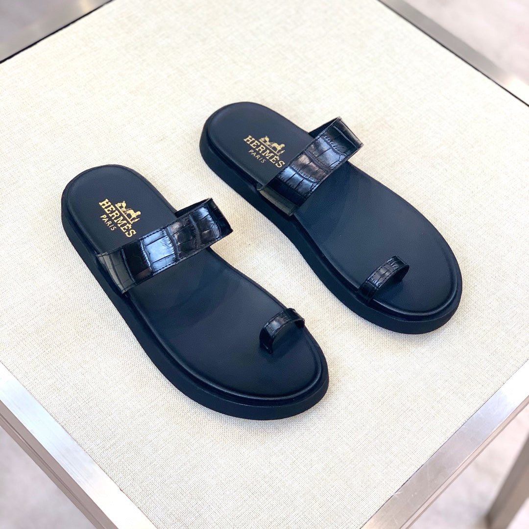 HM Men's Open-toe Sandals Black Rubber Sheepskin 561660