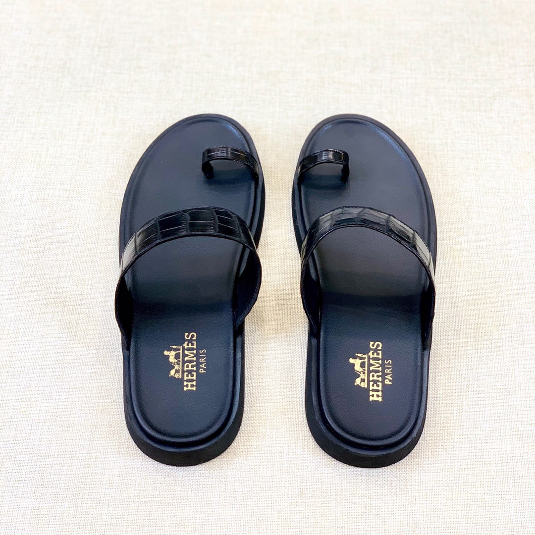 HM Men's Open-toe Sandals Black Rubber Sheepskin 561660