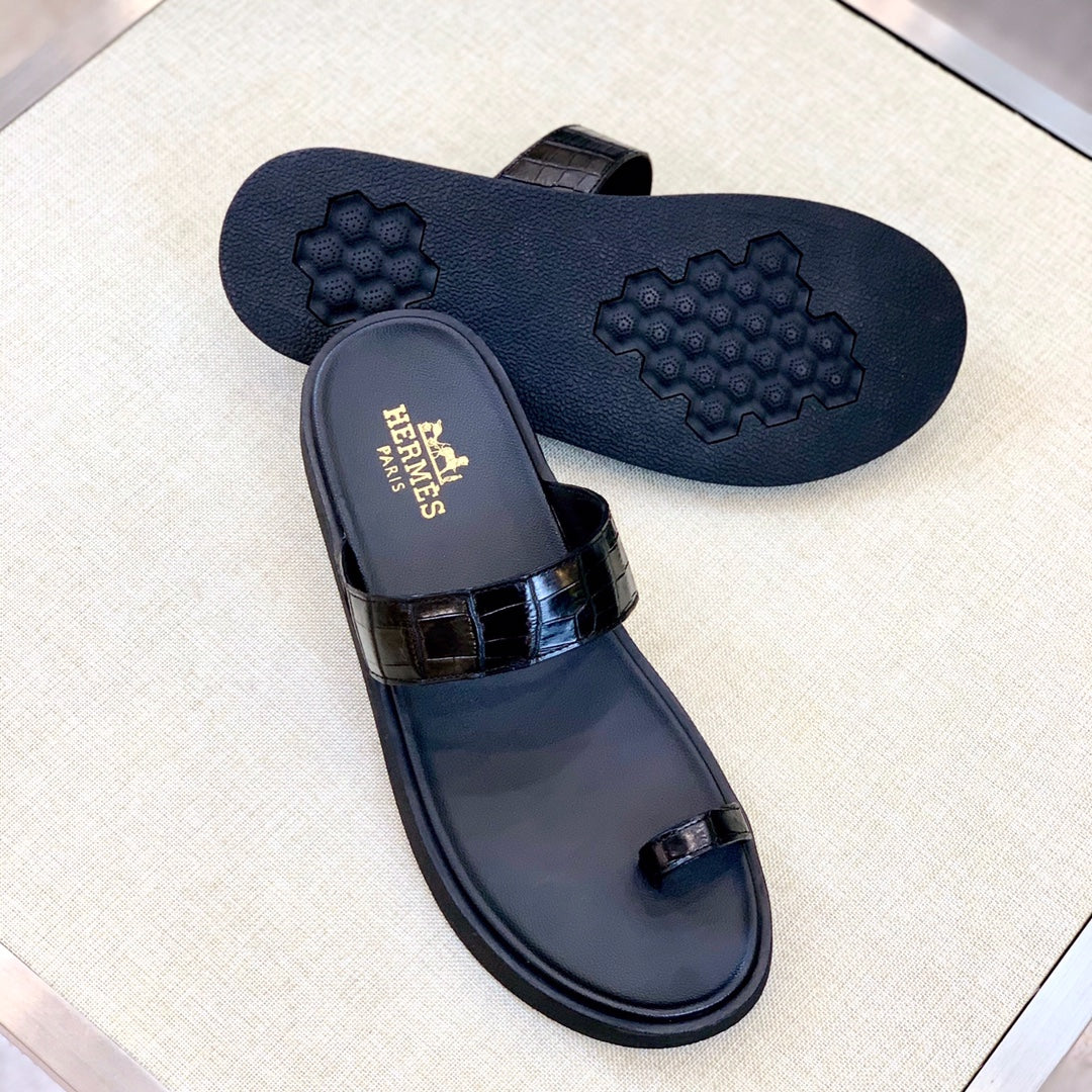 HM Men's Open-toe Sandals Black Rubber Sheepskin 561660