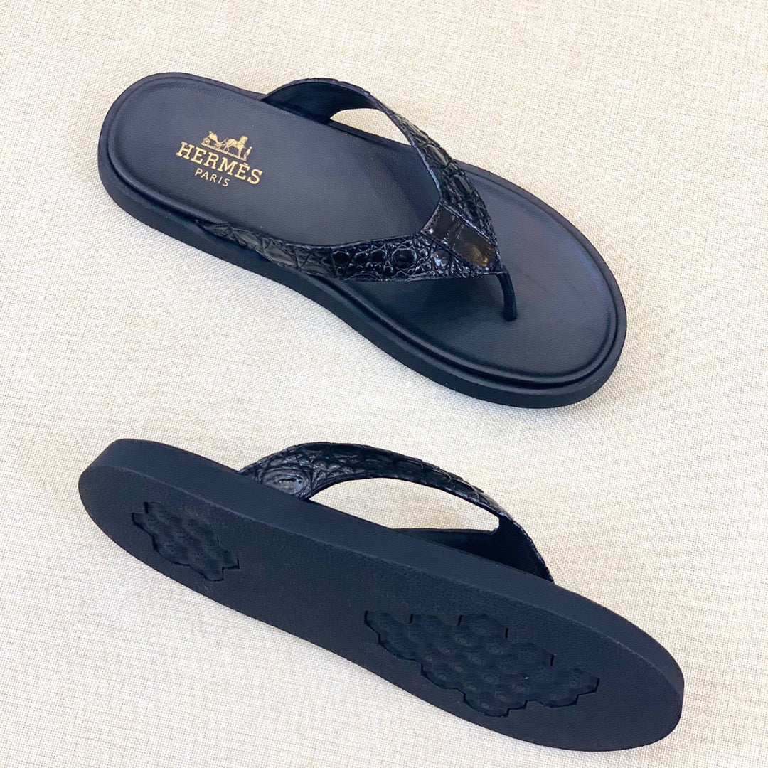 HM Men's Thong Sandals Black Rubber Sheepskin 561664