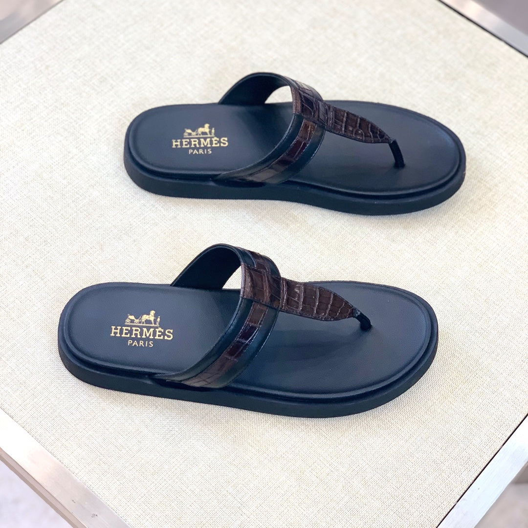 HM Men's Thong Sandals Brown Black Rubber Sheepskin 561666