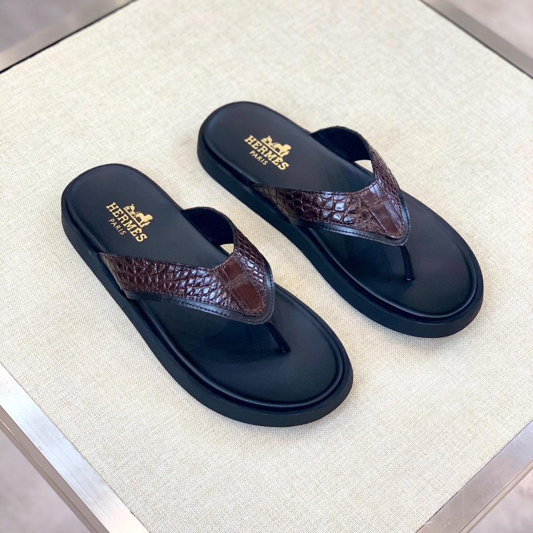 HM Men's Thong Sandals Brown Rubber Sheepskin 561669