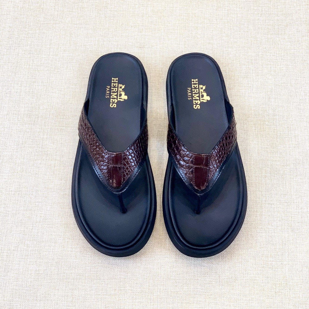 HM Men's Thong Sandals Brown Rubber Sheepskin 561669