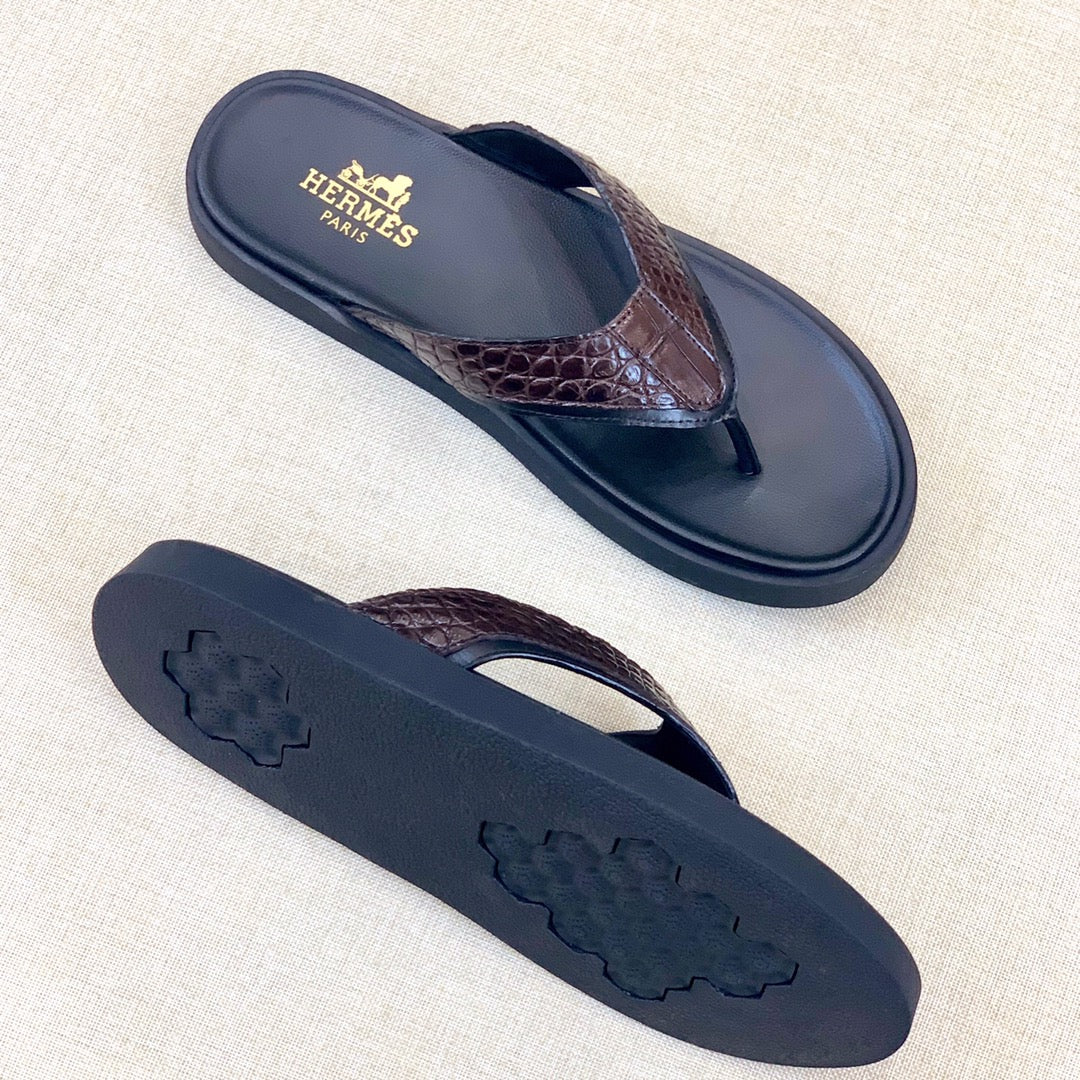 HM Men's Thong Sandals Brown Rubber Sheepskin 561669