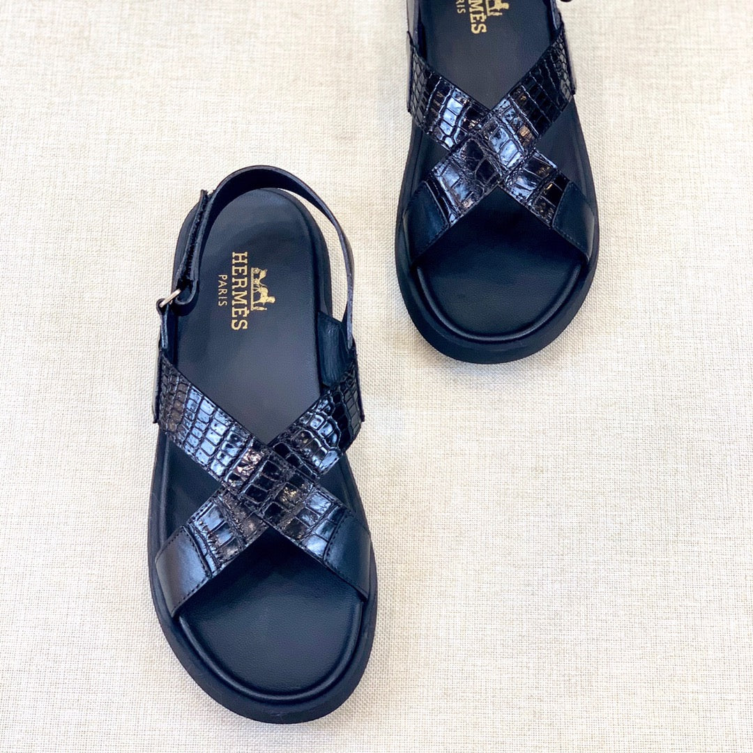 HM Men's "X" Sandals Black Rubber Sheepskin 561670