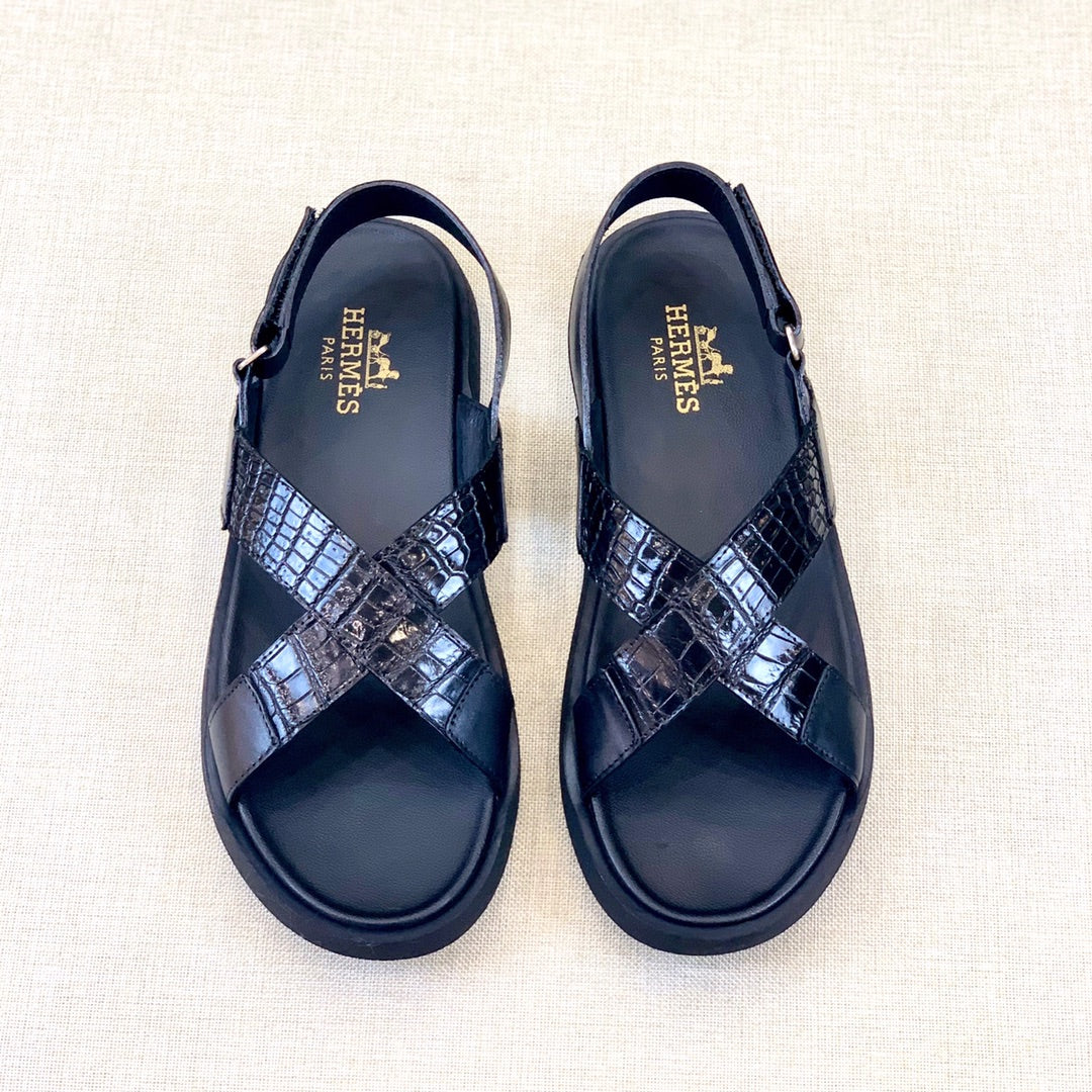 HM Men's "X" Sandals Black Rubber Sheepskin 561670