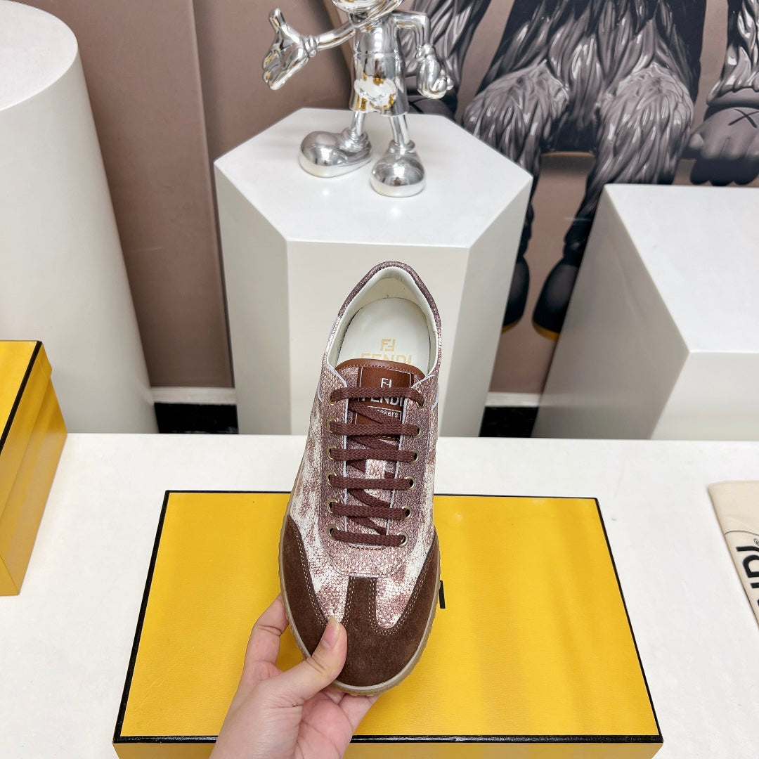 FENDI FLIGHT SNEAKER IN UMBER BROWN SUEDE AND LAMBSKIN