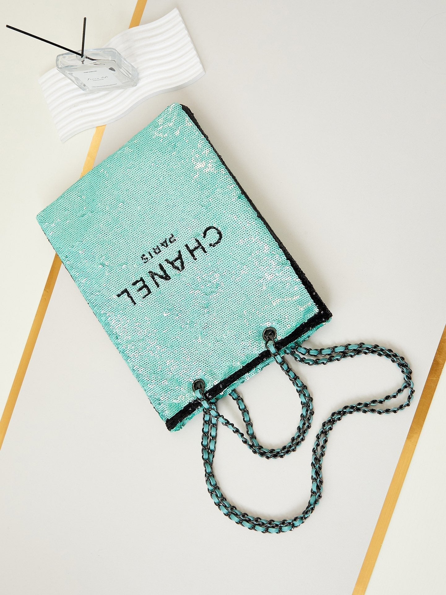 cc 24s31 shopping bag blue black sequins black hardware