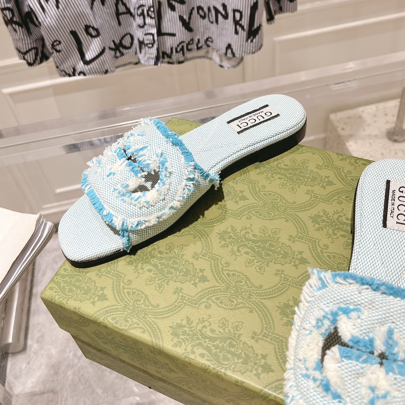 GG  Interlocking double G hollow slippers Baby Blue