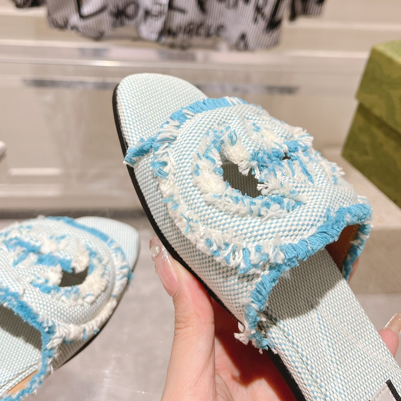 GG  Interlocking double G hollow slippers Baby Blue