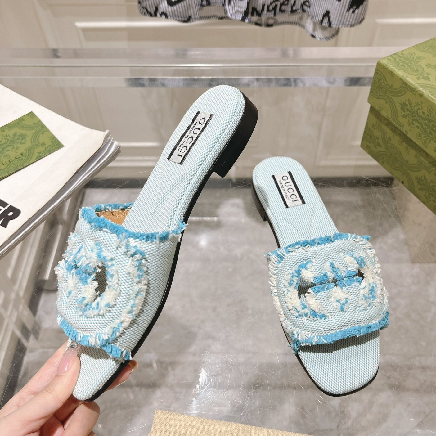GG  Interlocking double G hollow slippers Baby Blue