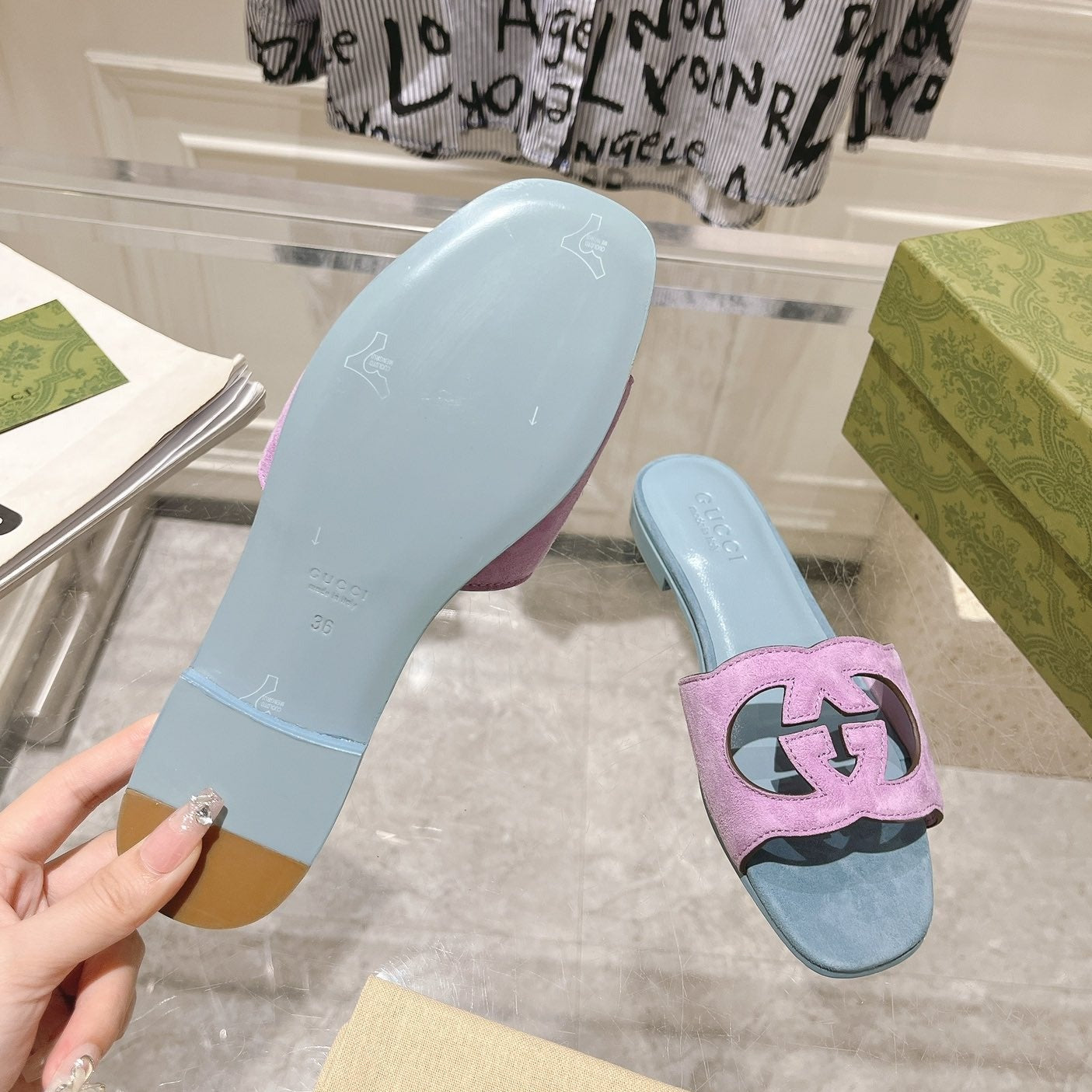 GG  Interlocking double G hollow slippers Orchid Purple Blue