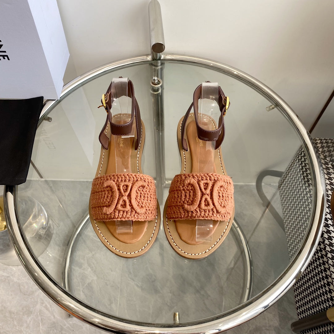 LYMPIA SANDAL IN BRONZE BROWN TRIOMPHE MACCRAMÃ‰ COTTON AND TAN CALFSKIN