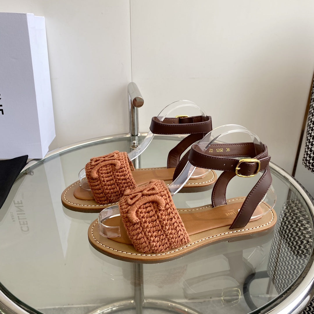 LYMPIA SANDAL IN BRONZE BROWN TRIOMPHE MACCRAMÃ‰ COTTON AND TAN CALFSKIN