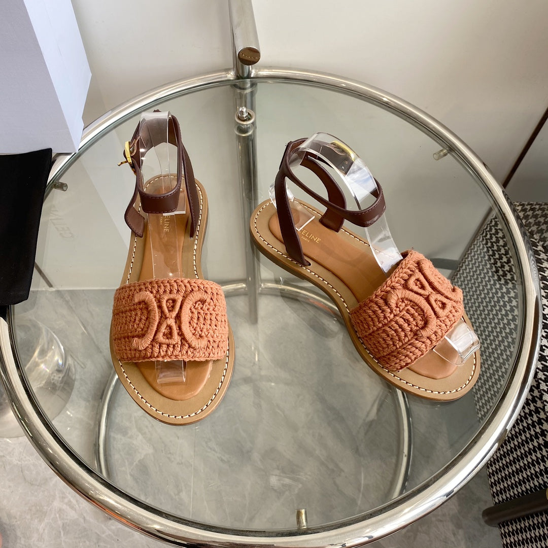 LYMPIA SANDAL IN BRONZE BROWN TRIOMPHE MACCRAMÃ‰ COTTON AND TAN CALFSKIN