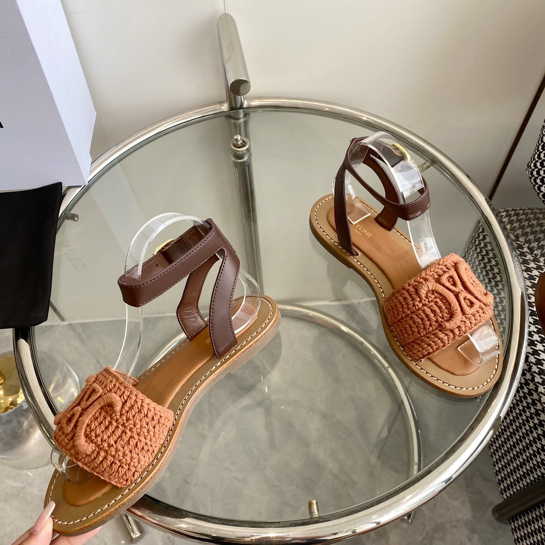 LYMPIA SANDAL IN BRONZE BROWN TRIOMPHE MACCRAMÃ‰ COTTON AND TAN CALFSKIN