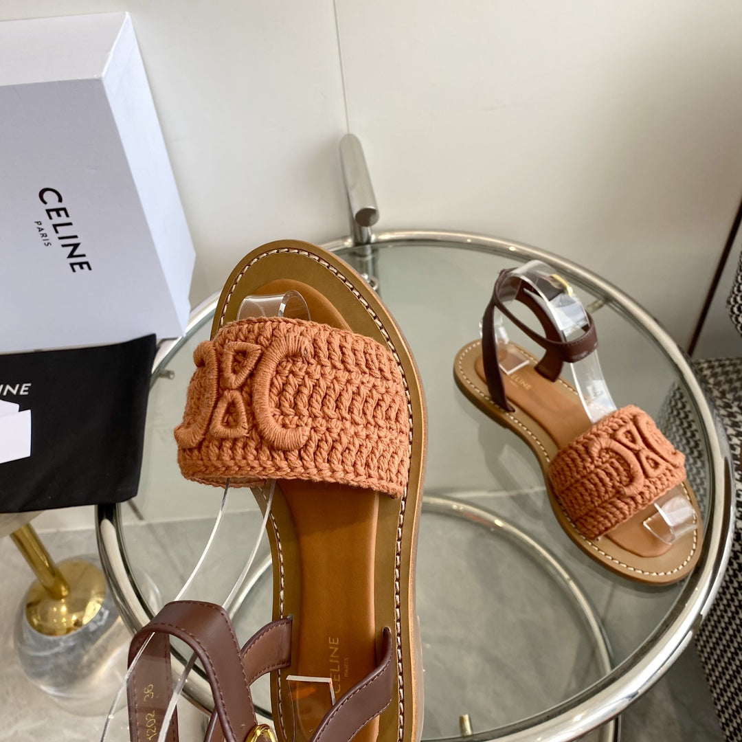 LYMPIA SANDAL IN BRONZE BROWN TRIOMPHE MACCRAMÃ‰ COTTON AND TAN CALFSKIN