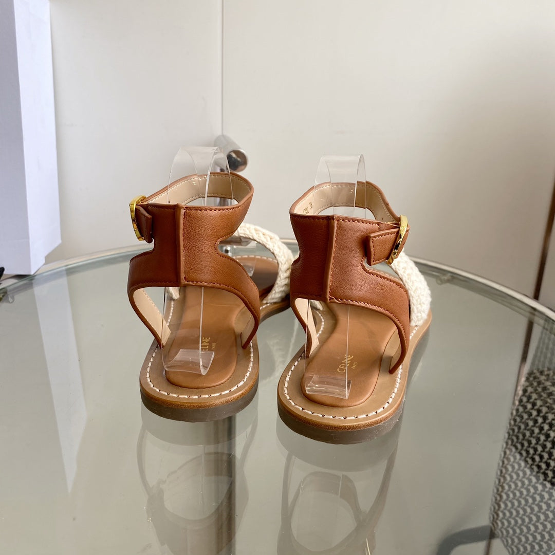 LYMPIA SANDAL IN WHITE TRIOMPHE MACCRAMÃ‰ COTTON AND TAN CALFSKIN
