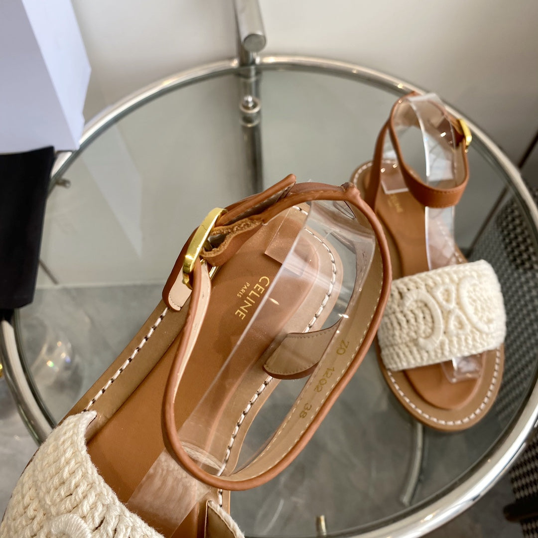 LYMPIA SANDAL IN WHITE TRIOMPHE MACCRAMÃ‰ COTTON AND TAN CALFSKIN