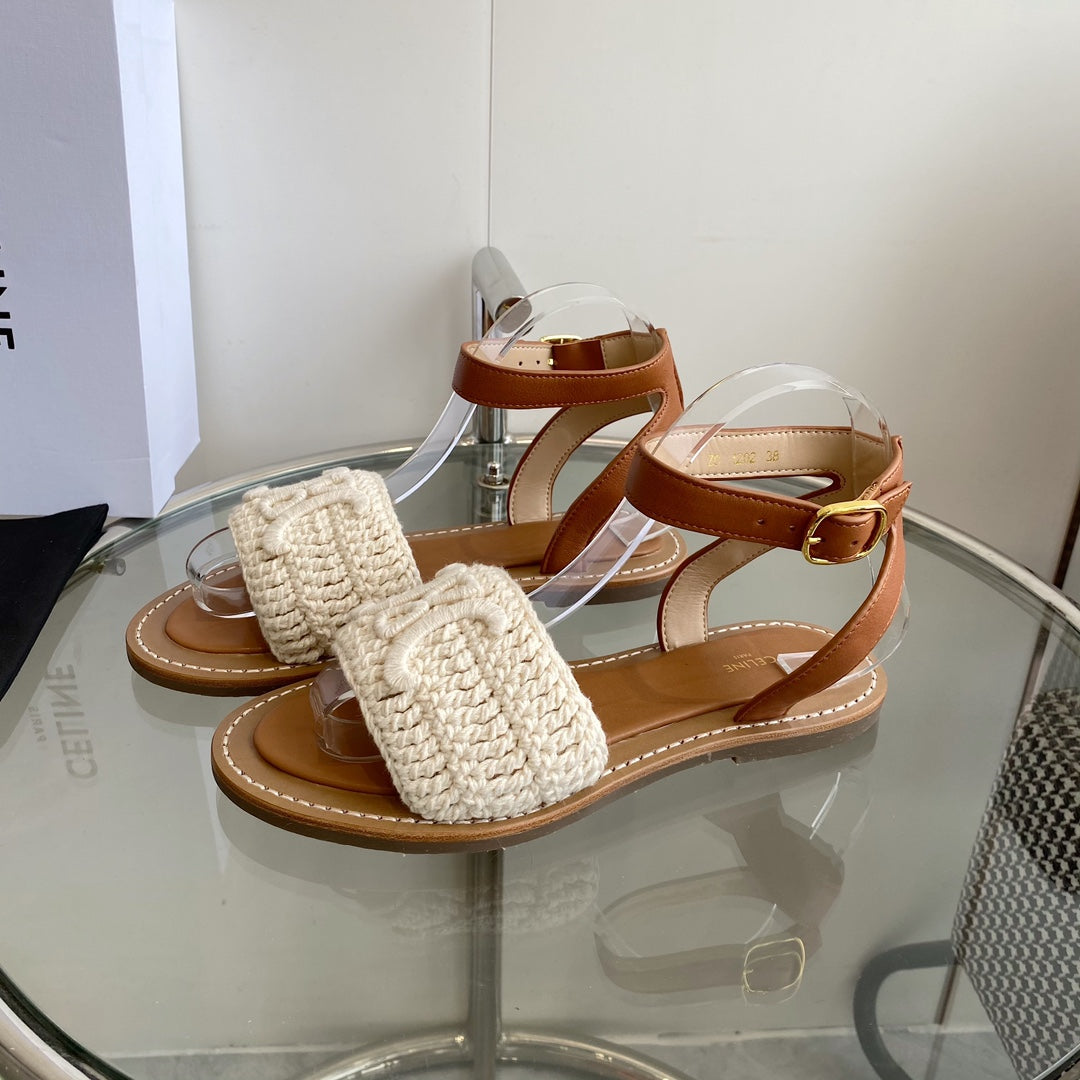 LYMPIA SANDAL IN WHITE TRIOMPHE MACCRAMÃ‰ COTTON AND TAN CALFSKIN