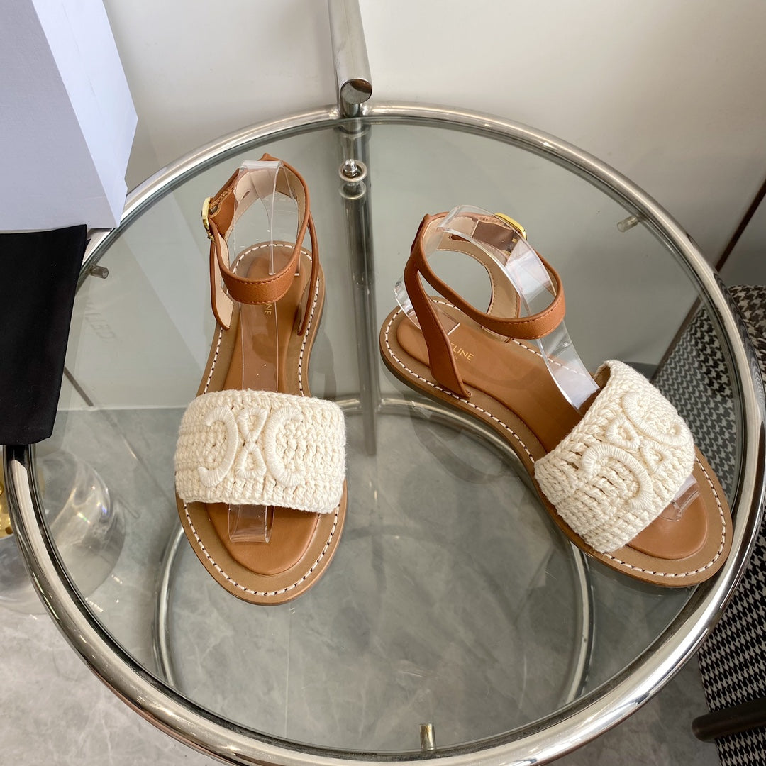 LYMPIA SANDAL IN WHITE TRIOMPHE MACCRAMÃ‰ COTTON AND TAN CALFSKIN