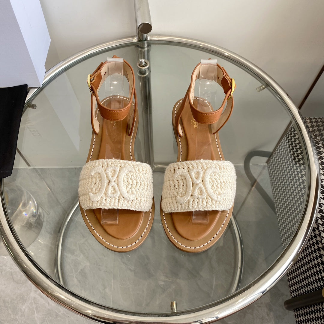 LYMPIA SANDAL IN WHITE TRIOMPHE MACCRAMÃ‰ COTTON AND TAN CALFSKIN
