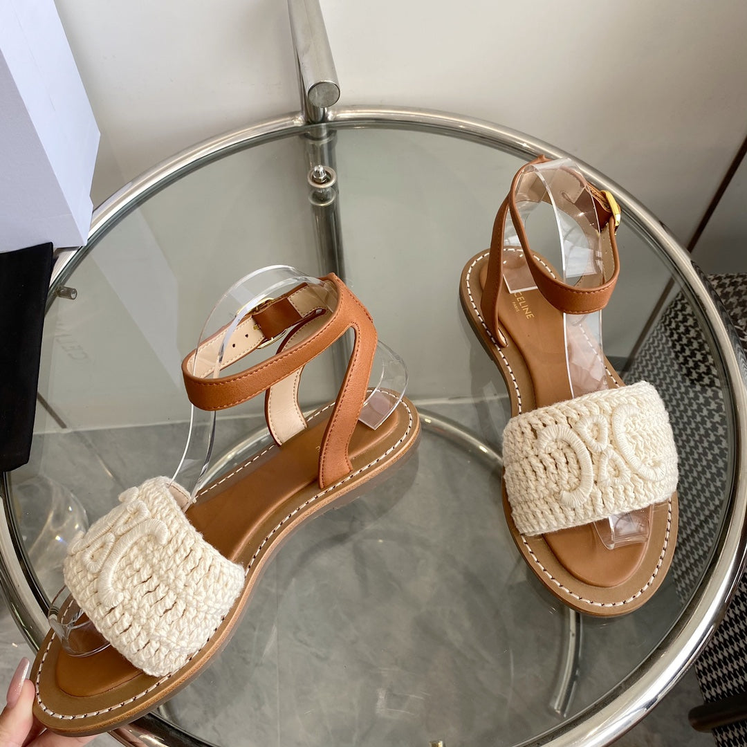 LYMPIA SANDAL IN WHITE TRIOMPHE MACCRAMÃ‰ COTTON AND TAN CALFSKIN