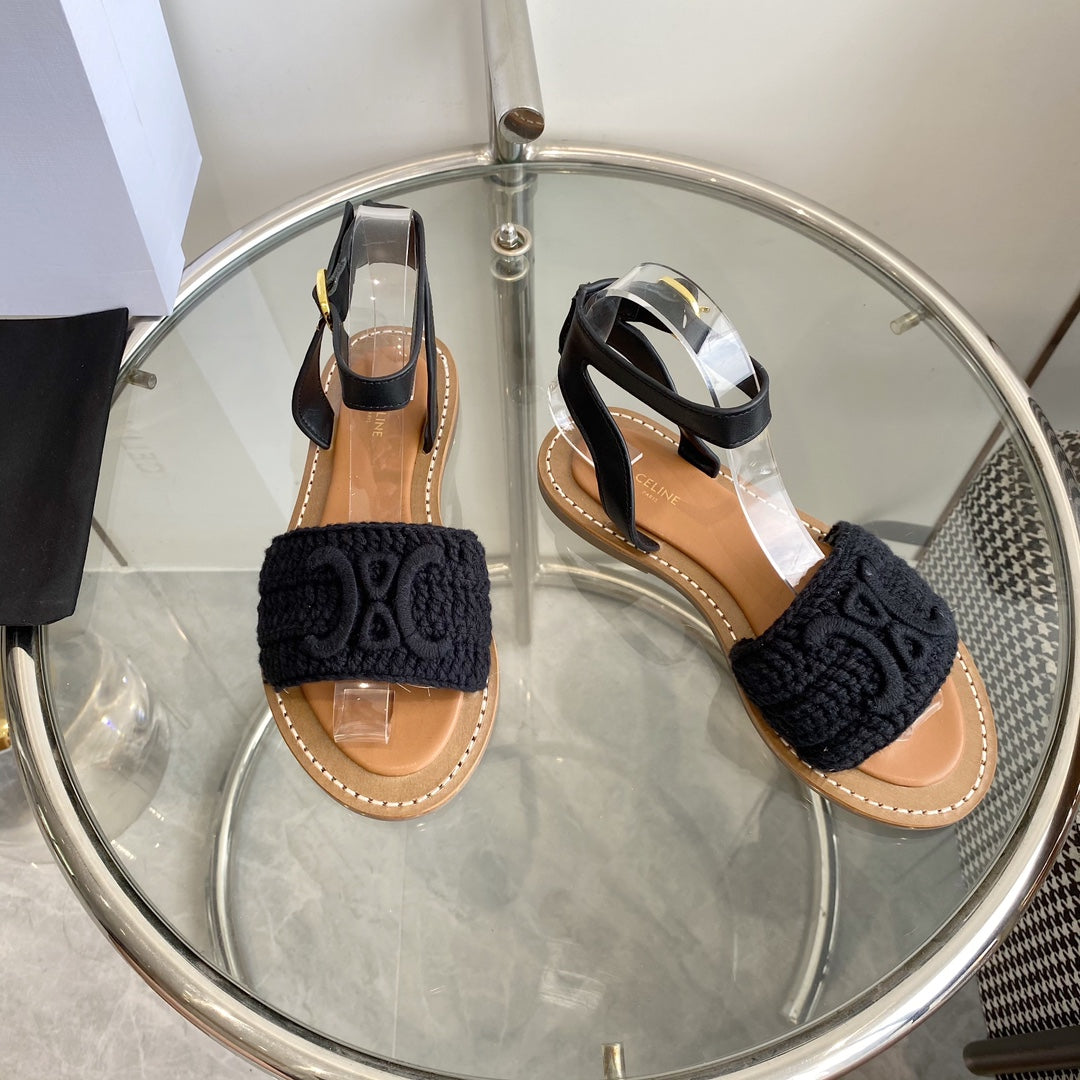 LYMPIA SANDAL IN BLACK TRIOMPHE MACCRAMÃ‰ COTTON AND CALFSKIN