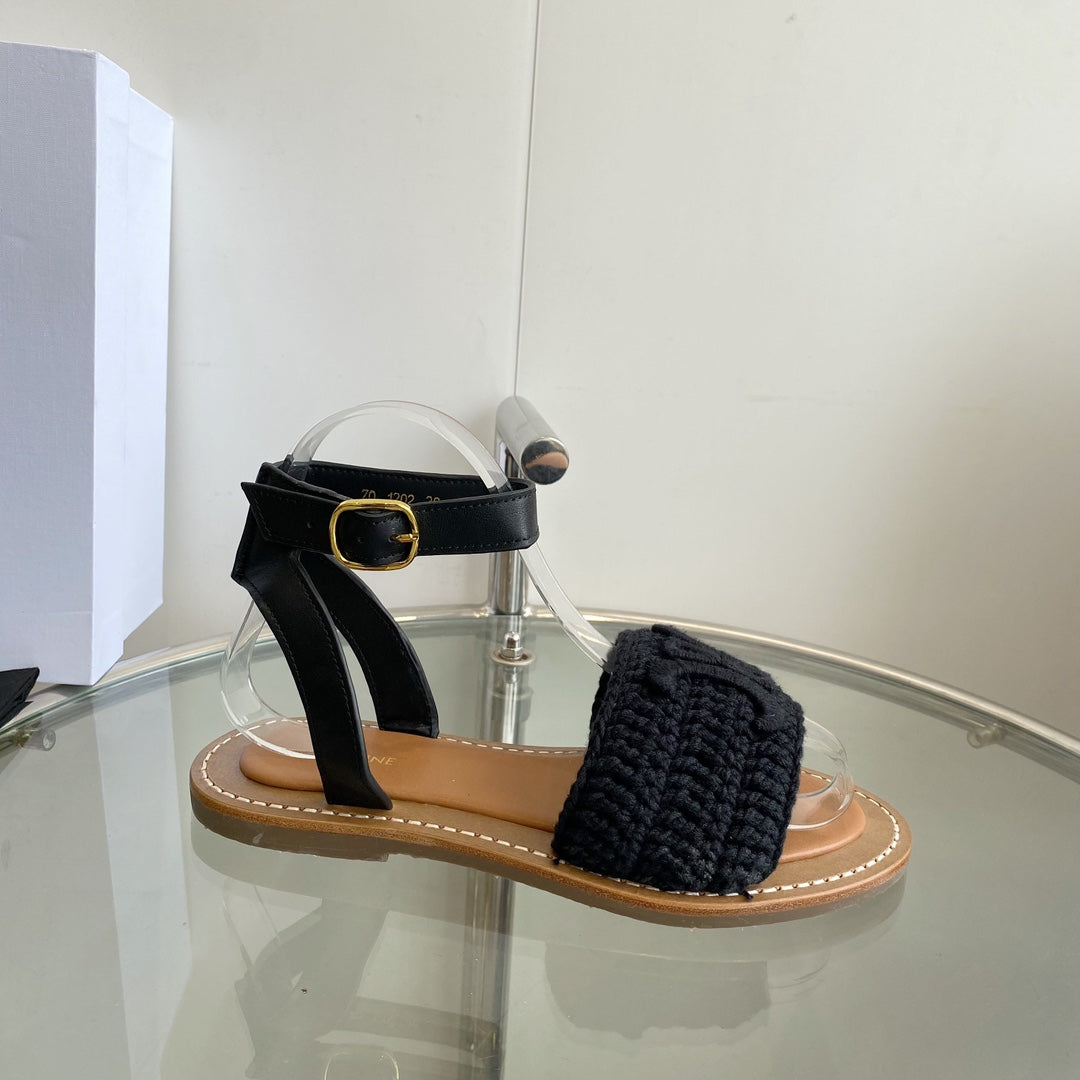 LYMPIA SANDAL IN BLACK TRIOMPHE MACCRAMÃ‰ COTTON AND CALFSKIN