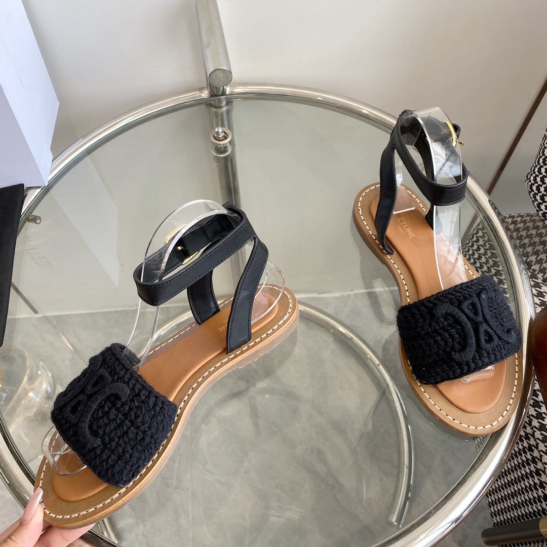 LYMPIA SANDAL IN BLACK TRIOMPHE MACCRAMÃ‰ COTTON AND CALFSKIN