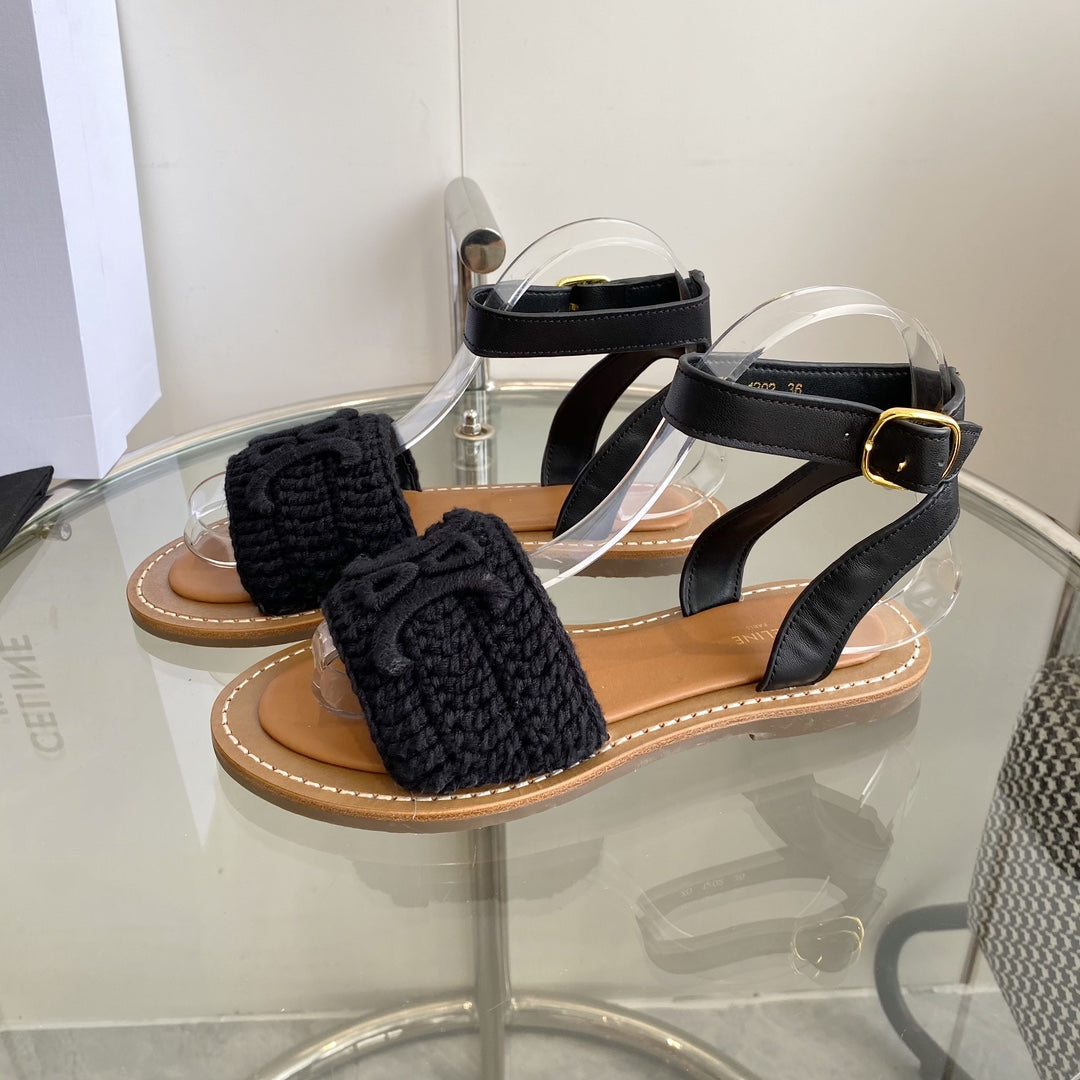 LYMPIA SANDAL IN BLACK TRIOMPHE MACCRAMÃ‰ COTTON AND CALFSKIN