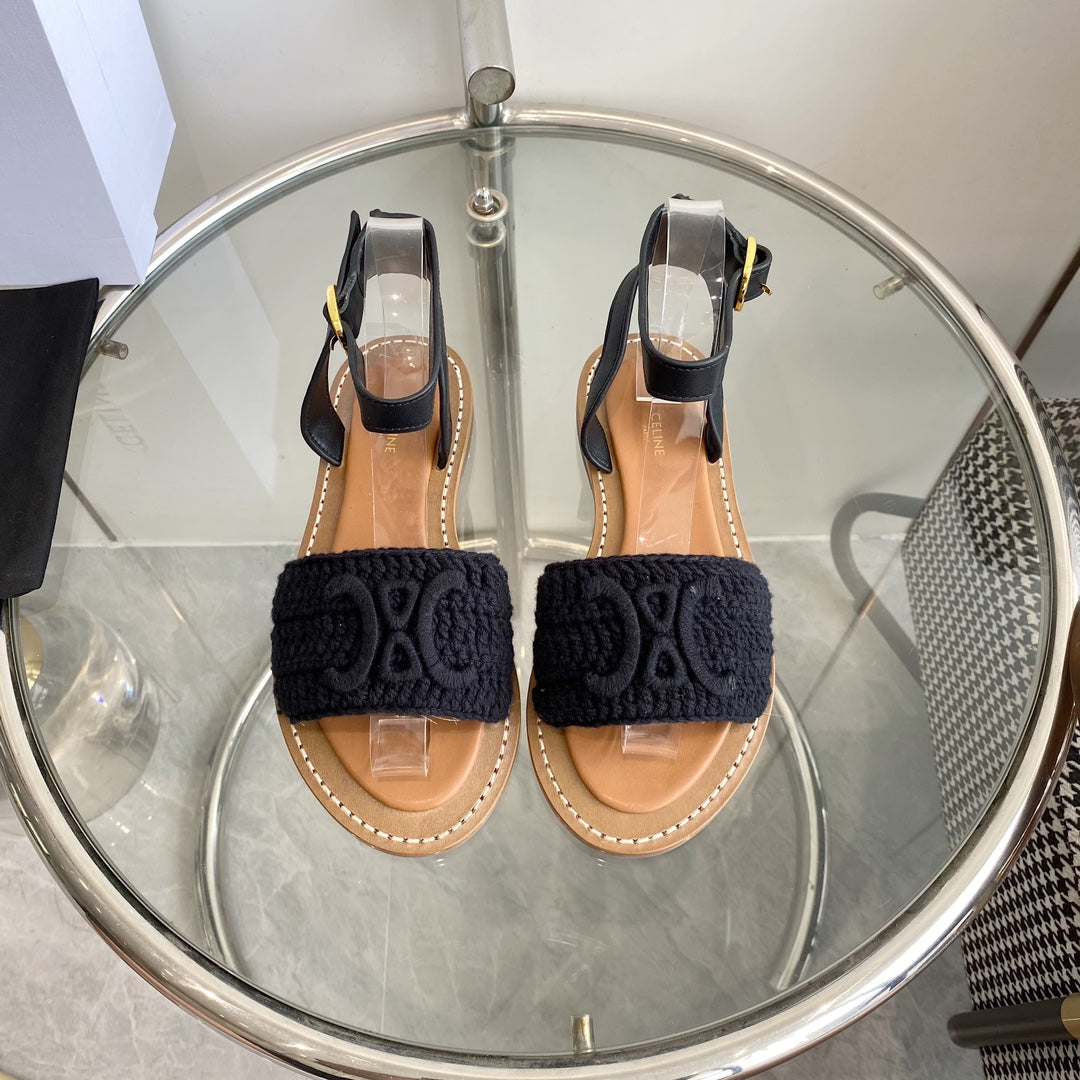 LYMPIA SANDAL IN BLACK TRIOMPHE MACCRAMÃ‰ COTTON AND CALFSKIN