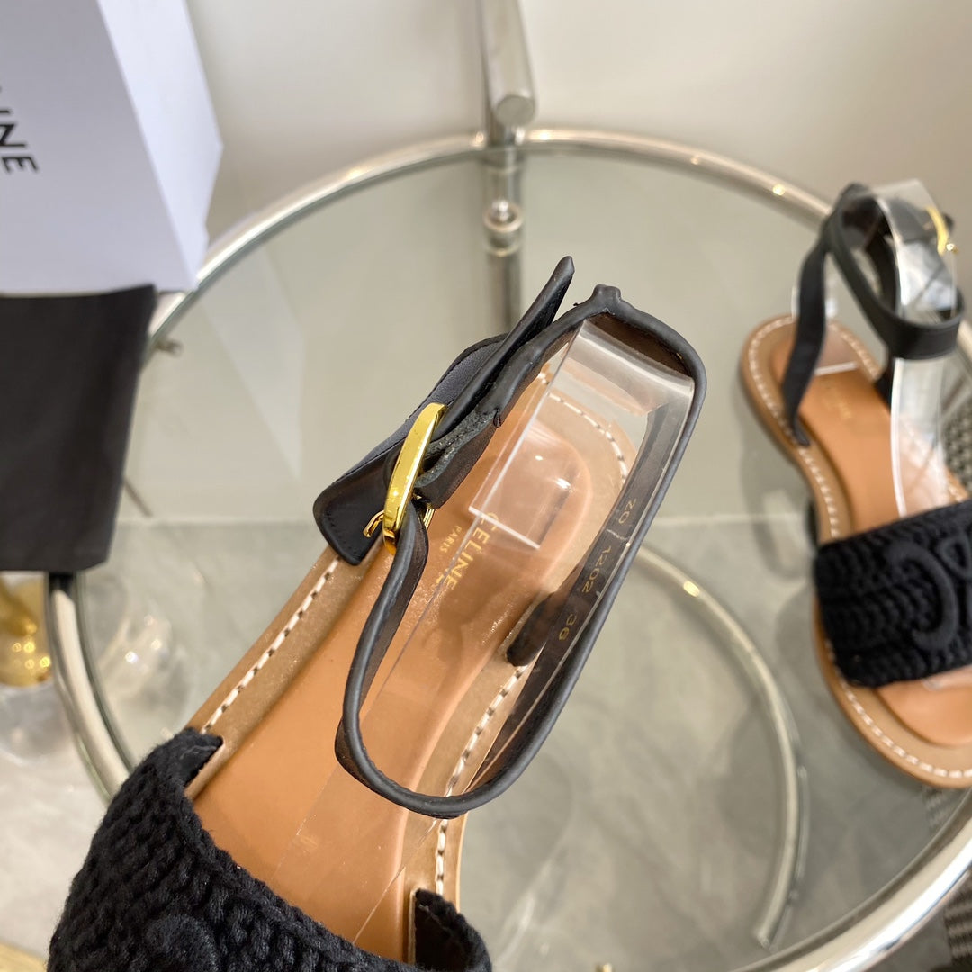 LYMPIA SANDAL IN BLACK TRIOMPHE MACCRAMÃ‰ COTTON AND CALFSKIN