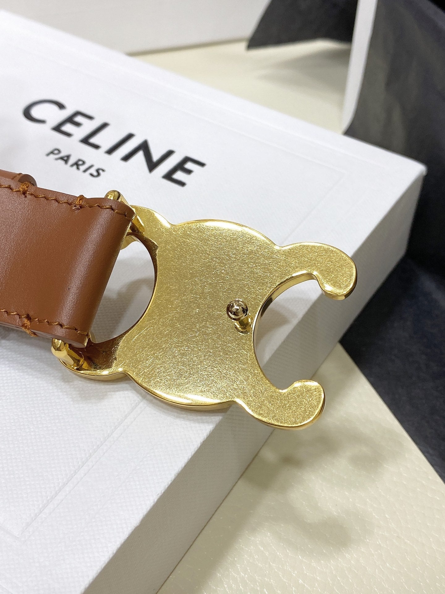 CEL Gold Buckle Belt 30mm Brown Calfskin 176406