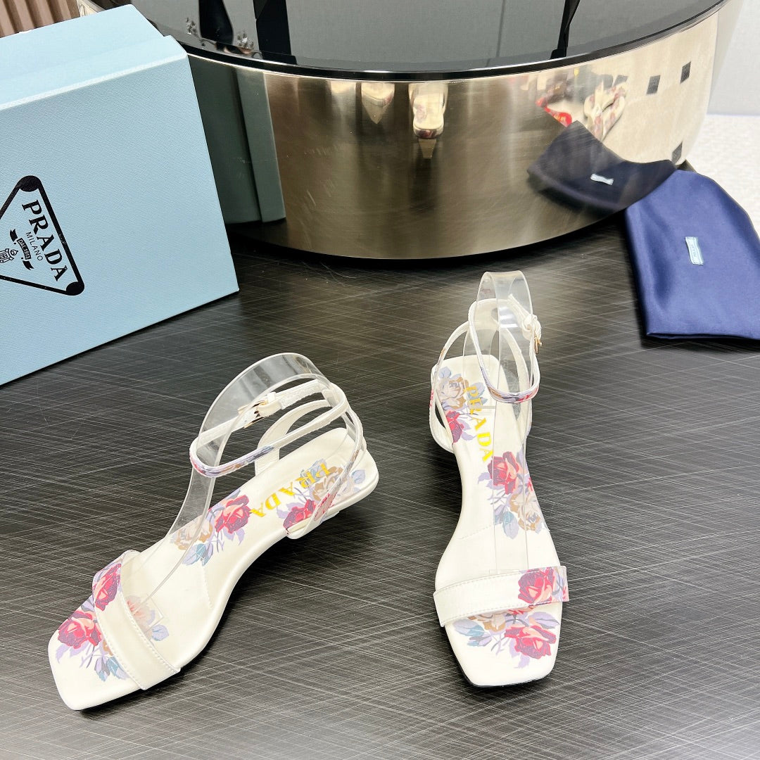 PRA TRIANGLE HEEL FLOWER MOTIF SATIN SANDALS WHITE