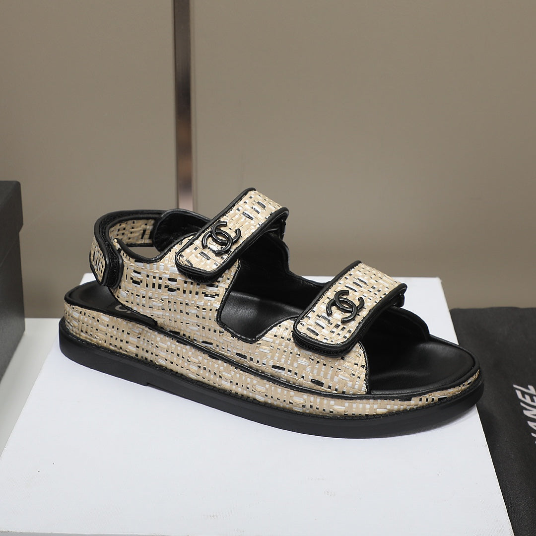 CC Dad Sandal Beige Black Woven Black Calfskin
