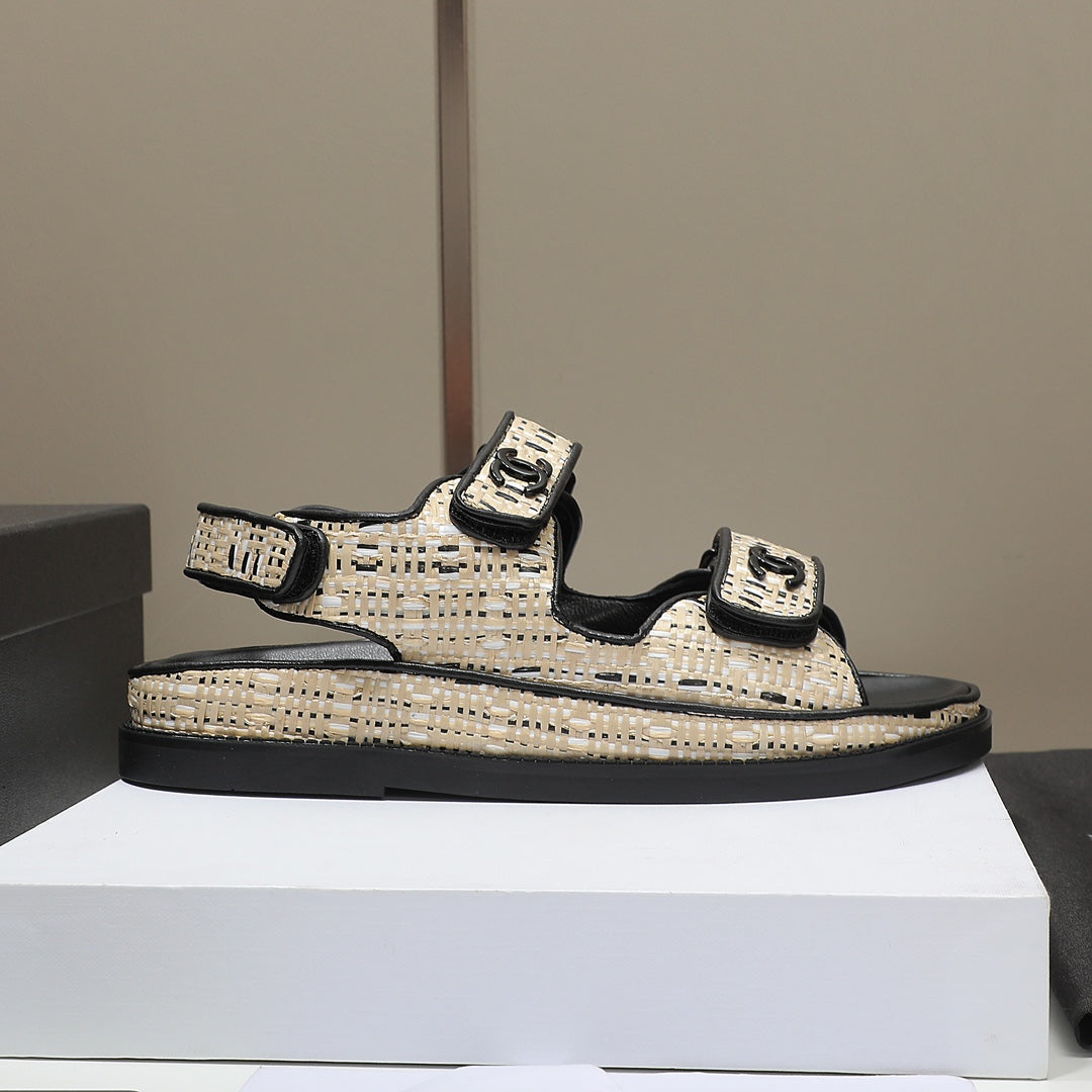 CC Dad Sandal Beige Black Woven Black Calfskin
