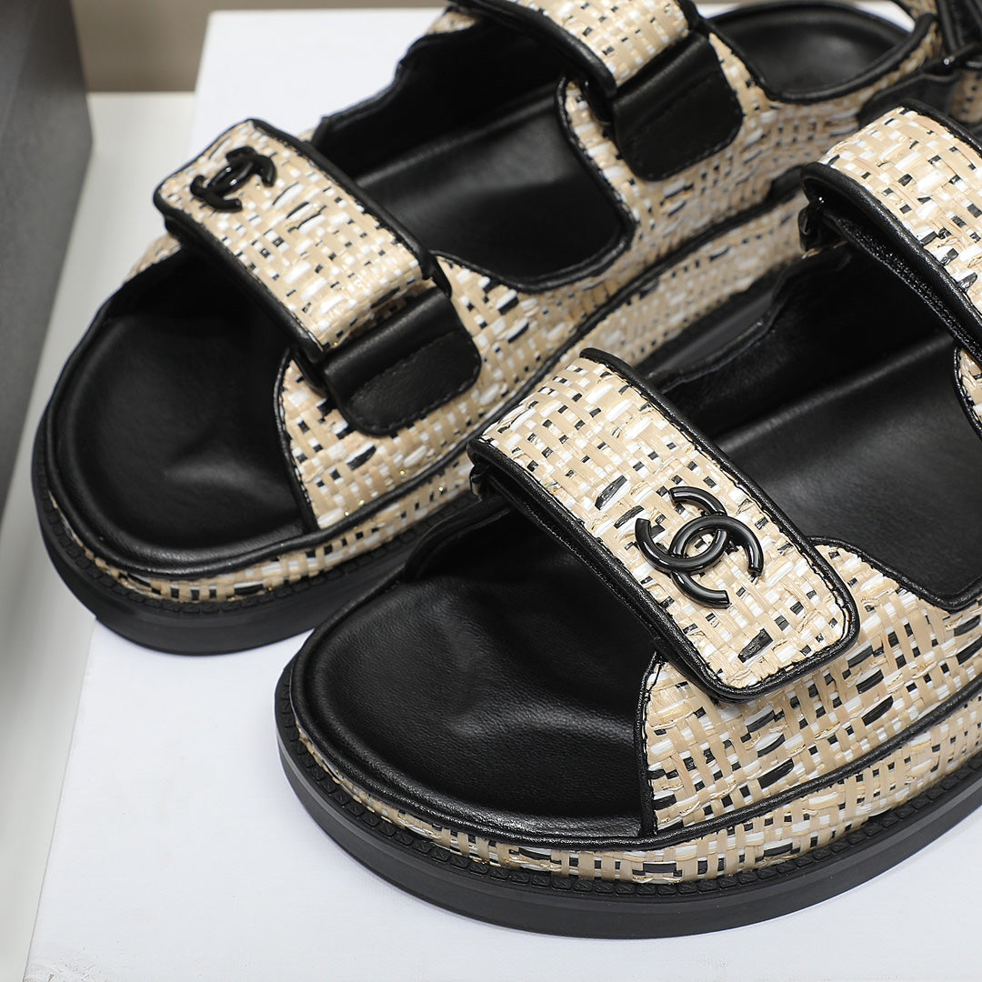 CC Dad Sandal Beige Black Woven Black Calfskin