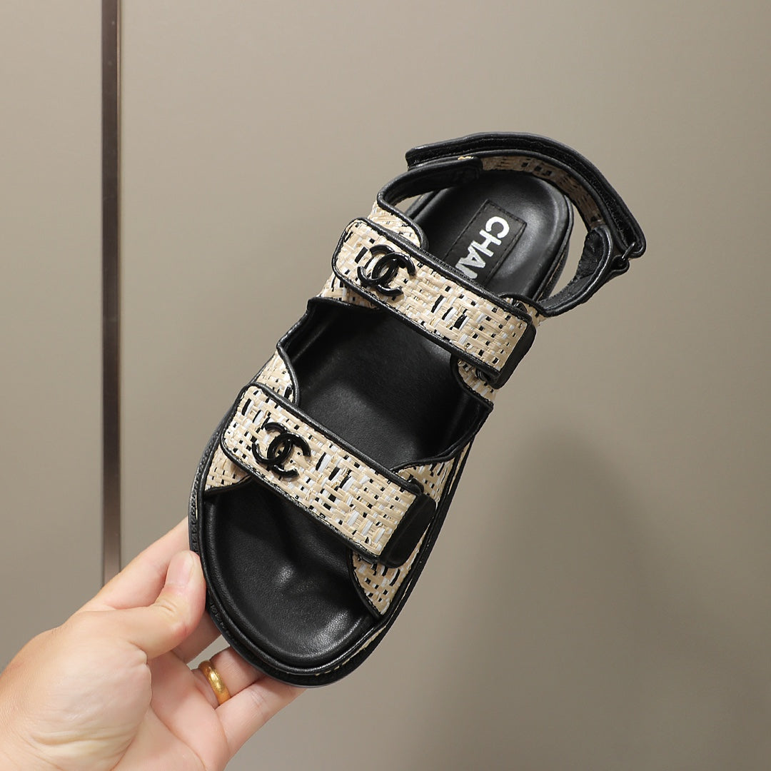 CC Dad Sandal Beige Black Woven Black Calfskin