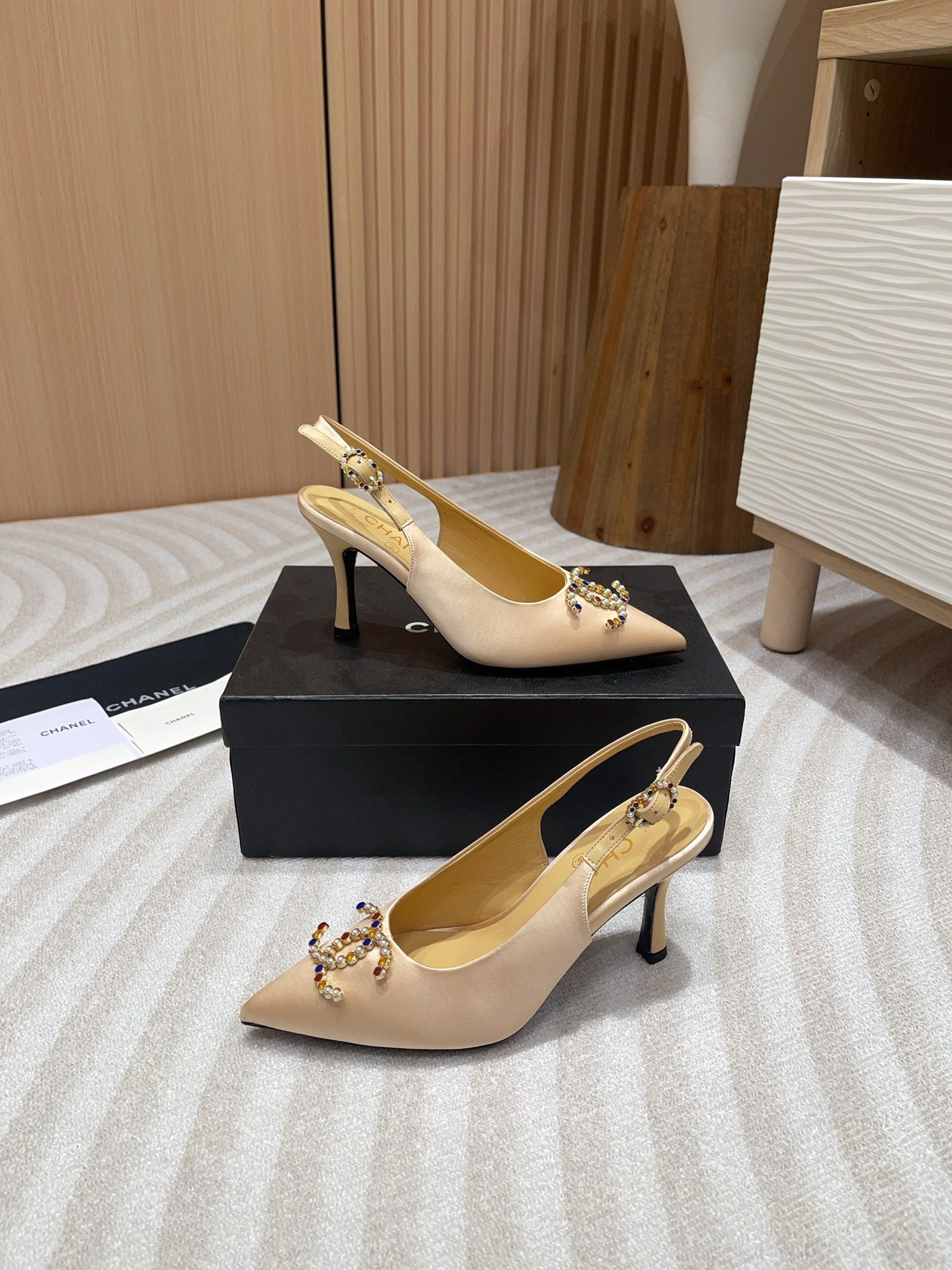 CC HIGH SLINGBACKS BEIGE CREAM SATIN AND LAMBSKIN