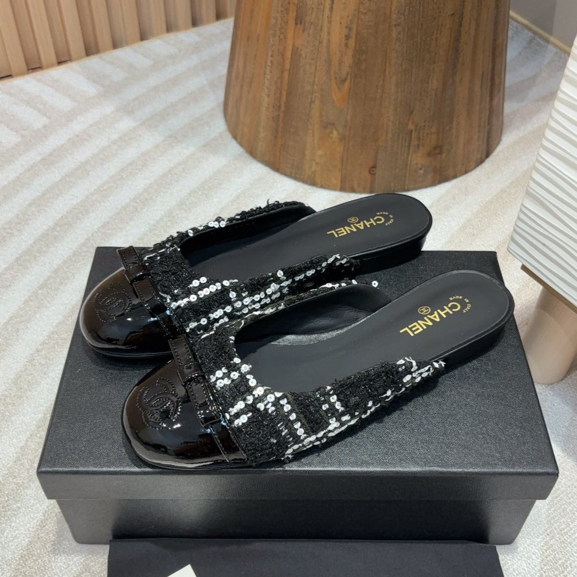 cc mule black tweed white sequin black patent calfskin