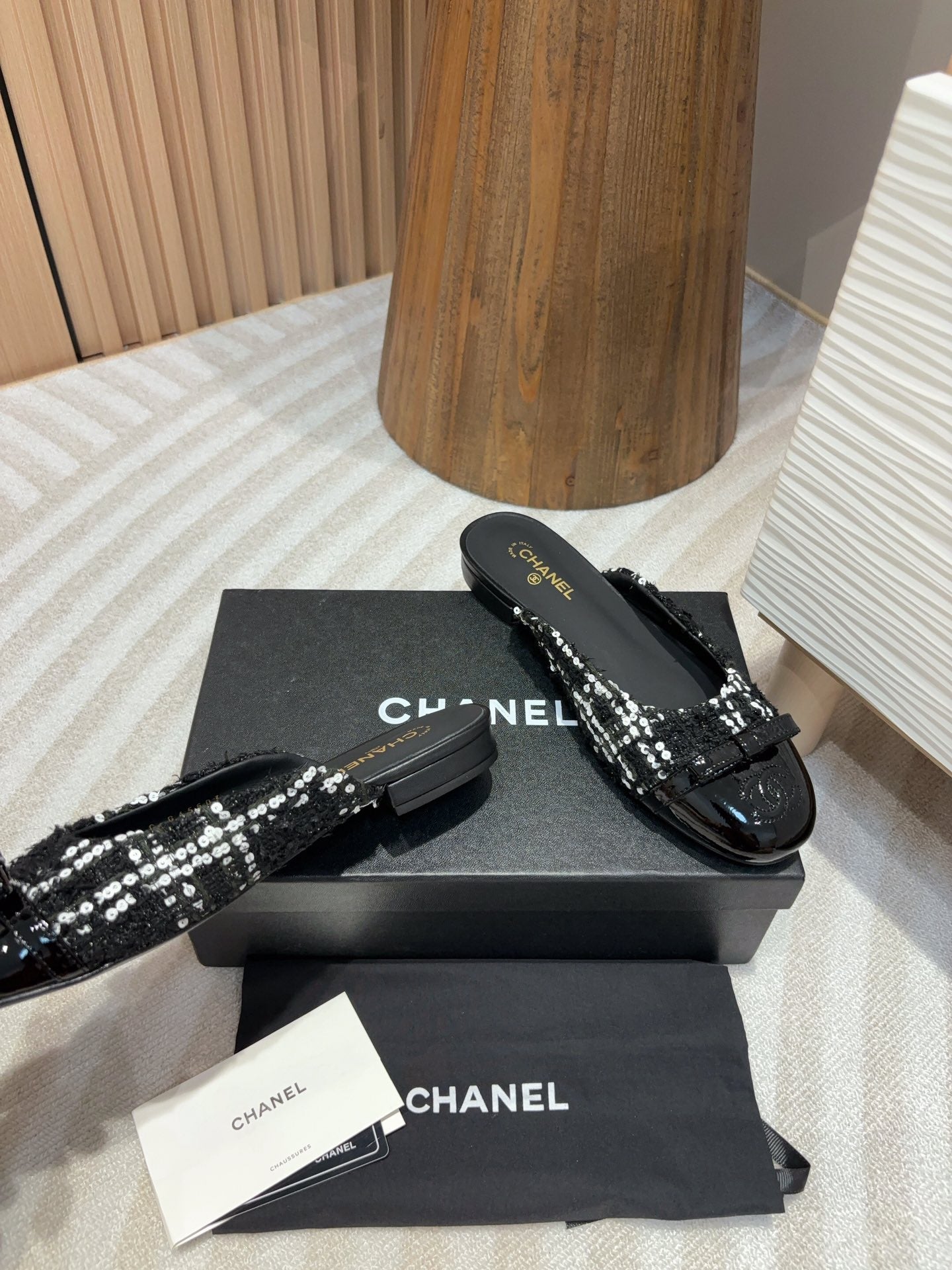 cc mule black tweed white sequin black patent calfskin