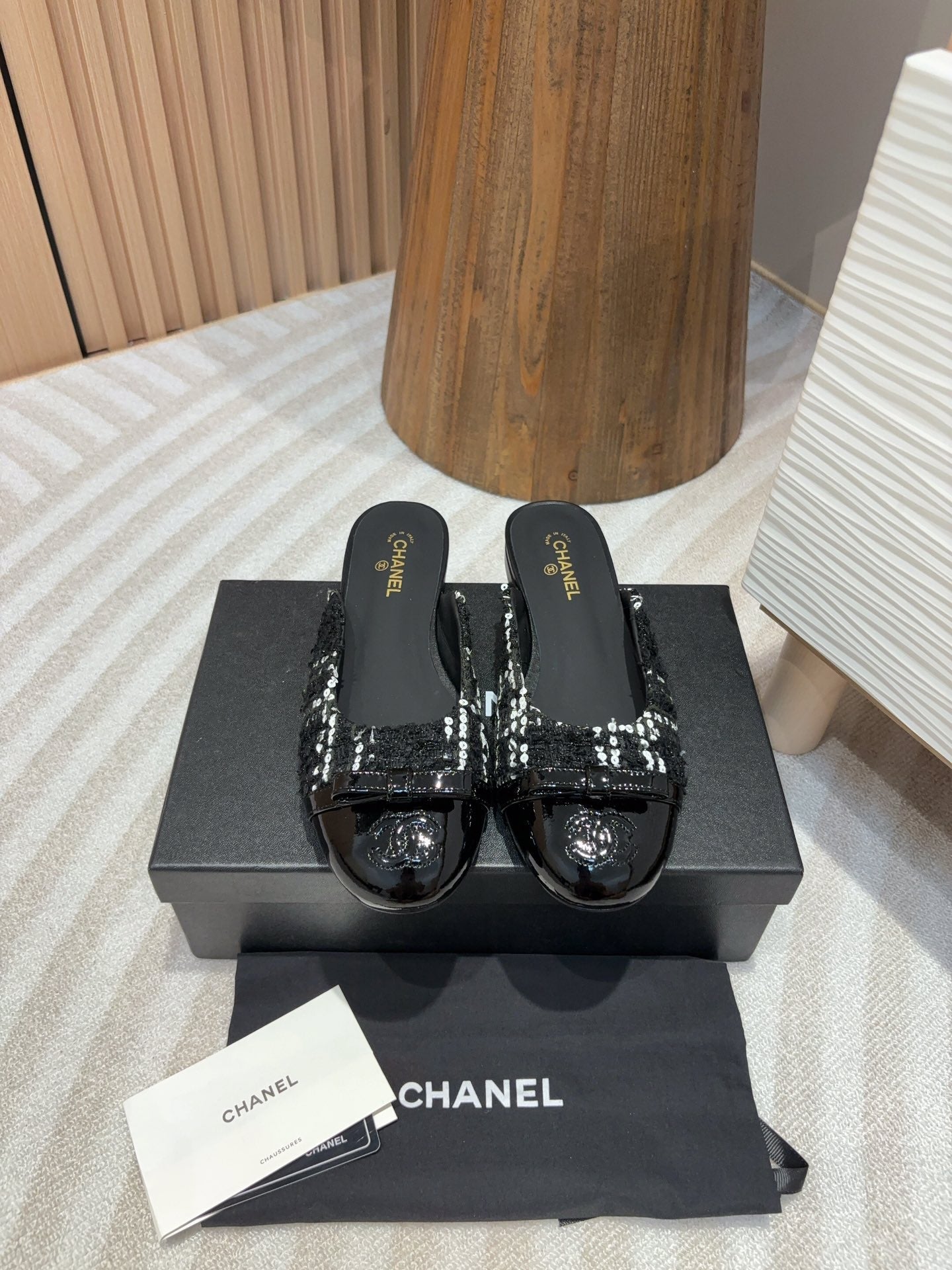 cc mule black tweed white sequin black patent calfskin