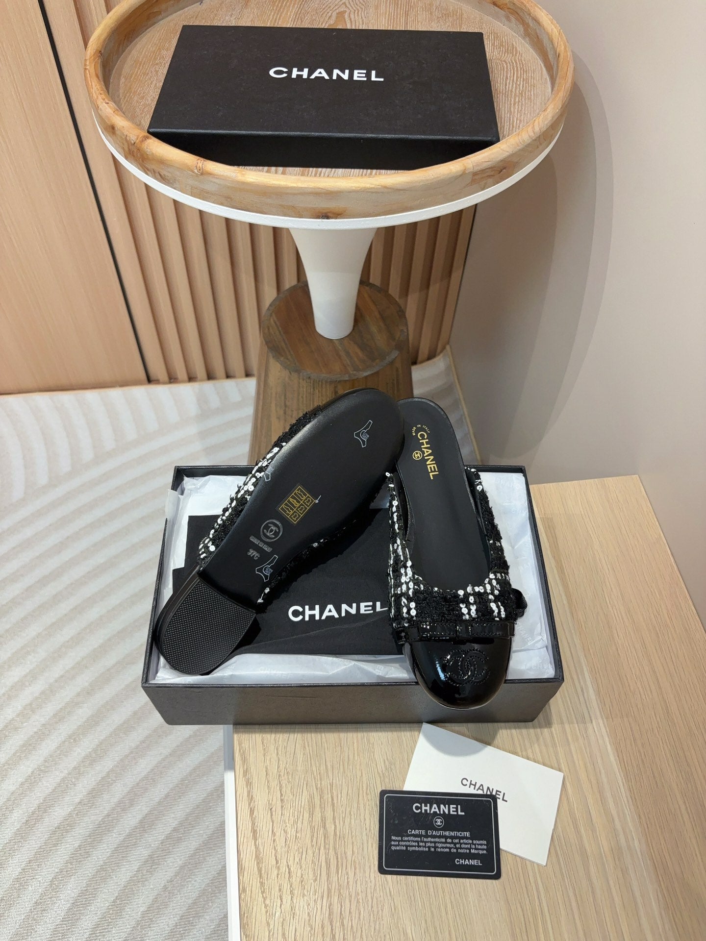 cc mule black tweed white sequin black patent calfskin